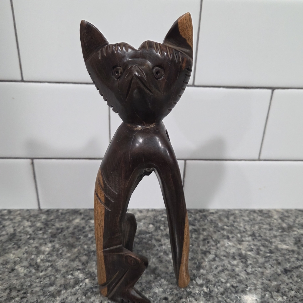 Wooden Carved Cat Figurine - Dark Brown